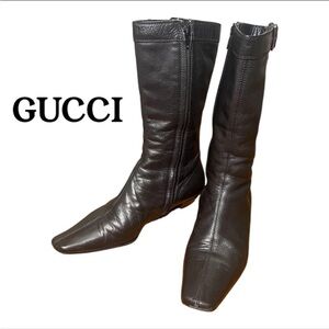 Gucci Tall Black Leather Boots - Women's - Black Size 5 w/ Buckle
